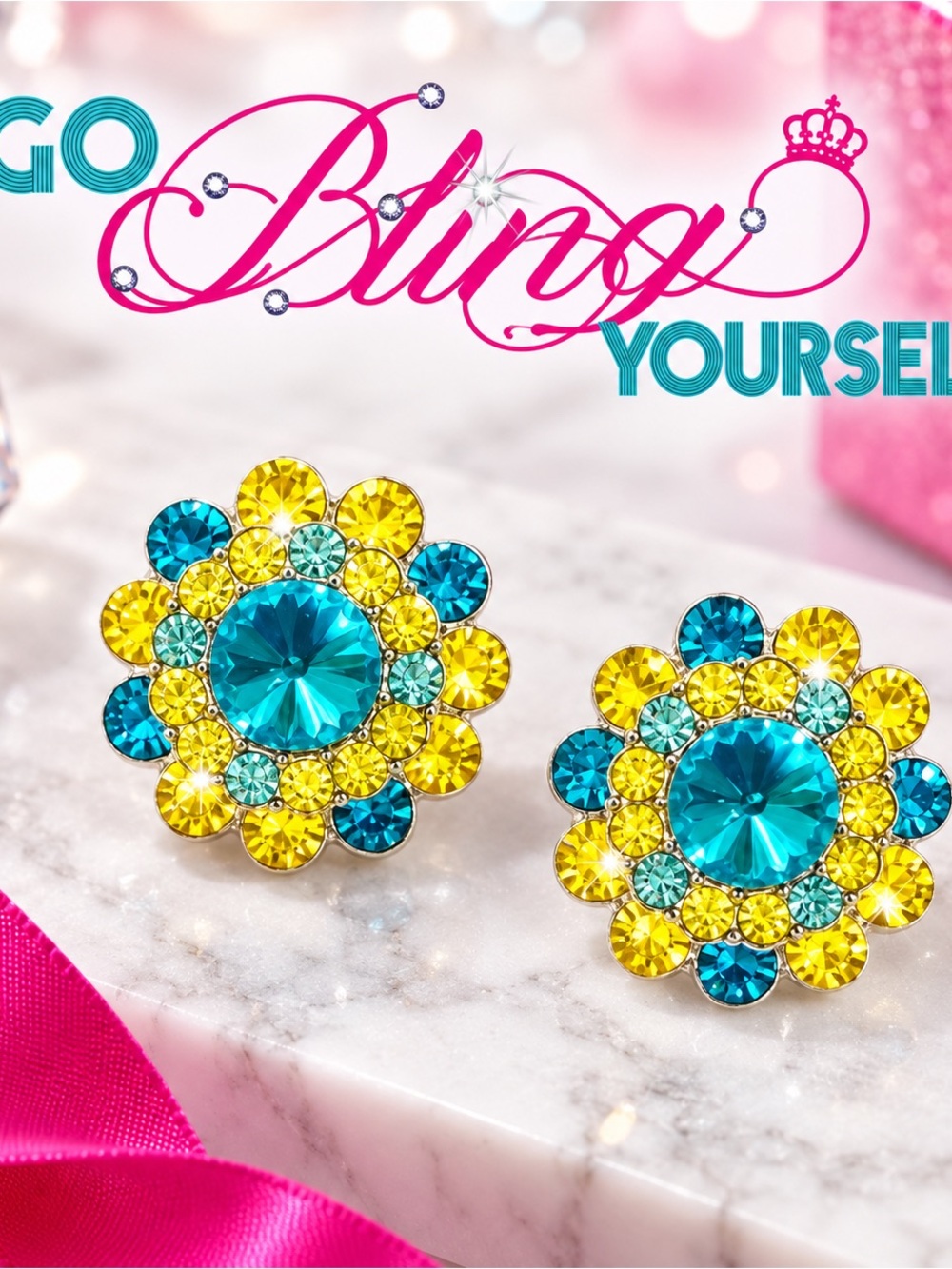 Turquoise & Yellow Crystal Flower Stud Earrings
